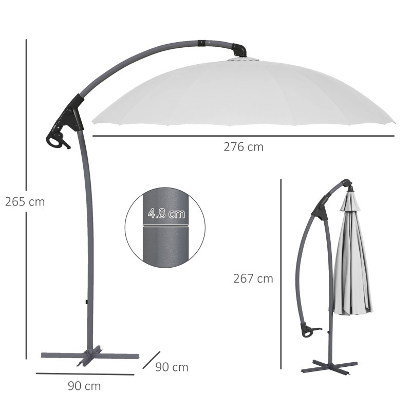 Outsunny 2.7m Cantilever Parasol with Cross Base, Banana Parasol with Crank Handle and 16 Fibreglass Ribs, Round Hanging Patio Umbrella for Outdoor Pool, Garden, Balcony, Grey