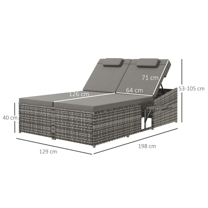 Outsunny Double Rattan Sun Lounger, Garden Daybed with 5-Level Adjustable Backrest and Flip Side Trays, Wicker Outdoor Furniture Recliner with Cushions and Pillows for Patio, Grey