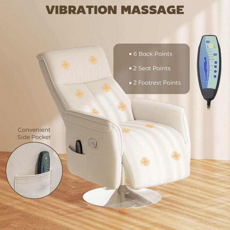 HOMCOM Massage Recliner Chair with Footstool, Upholstered Reclining Armchair with Adjustable Backrest and Steel Frame, Breathable Linen Fabric Swivel Chair for Living Room, Bedroom, Cream White