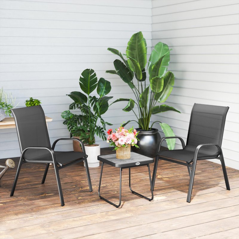 Outsunny Garden Bistro Set, 3 Piece Garden Furniture Set with Stackable Armchairs and SPC Board Coffee Table, Bistro Table and Chairs with Texteline Seats for Balcony, Porch, Black
