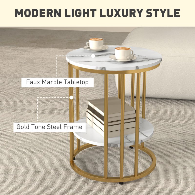 HOMCOM Round Coffee Table Set of 2, Marble-Effect Side Tables with Storage Open Shelf and Steel Frame for Living Room, Bedroom, Gold Tone