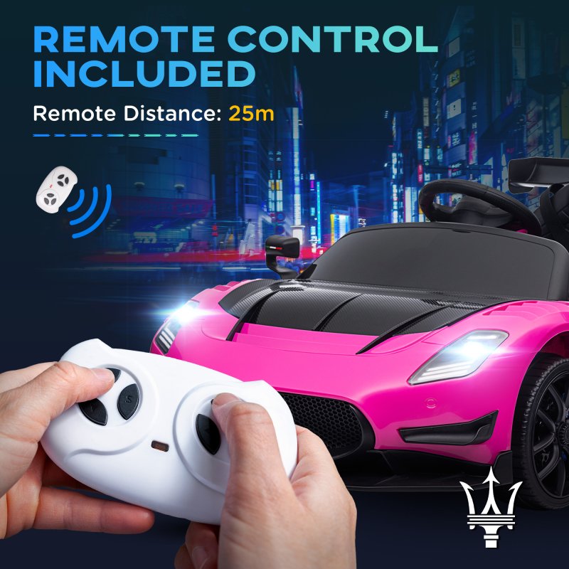 AIYAPLAY Maserati GT2 Licensed 12V Electric Car for Kids, Kids' Electric Ride on with Suspension System, Remote Control, USB, Music, Horn, Lights, Auxiliary Wheels, for Ages 3-5 Years, Pink