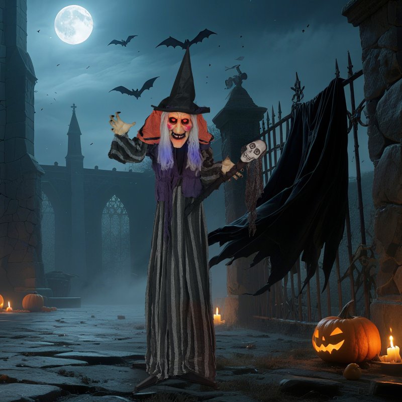 Outsunny 160 cm Life Size Halloween Animated Standing Witch & Skull Staff with Glowing LED Eyes & Head, Spooky Witch Scary Halloween Decorations, Battery Operated, Indoor Party Props