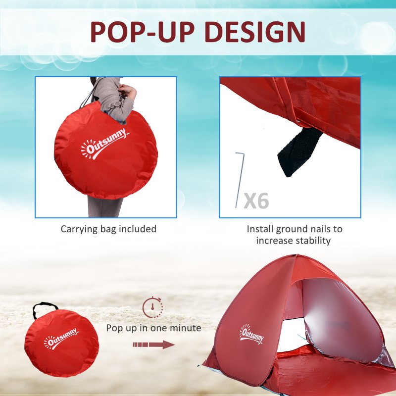 Outsunny Pop up Beach Tent, UV 30+ Portable Sun Shelter with Carry Bag, 2x1.5m for 2-3 Person, Red
