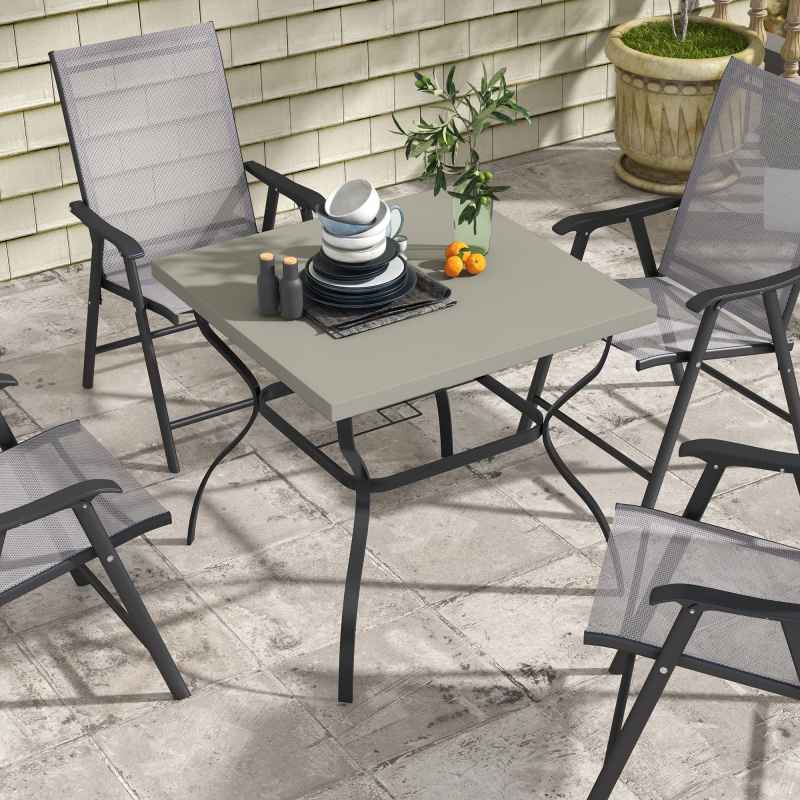 Outsunny 80cm Square Garden Dining Table with Umbrella Hole, Outdoor Dining Table with Marble Effect Top for 4 People, Black/Grey