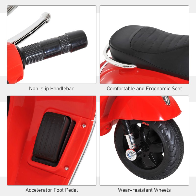 HOMCOM 6V Kids Electric Motorcycle Licensed Vespa Ride On Motorbike w/ MP3 Music LED Toy for 3-6 Years Old Red
