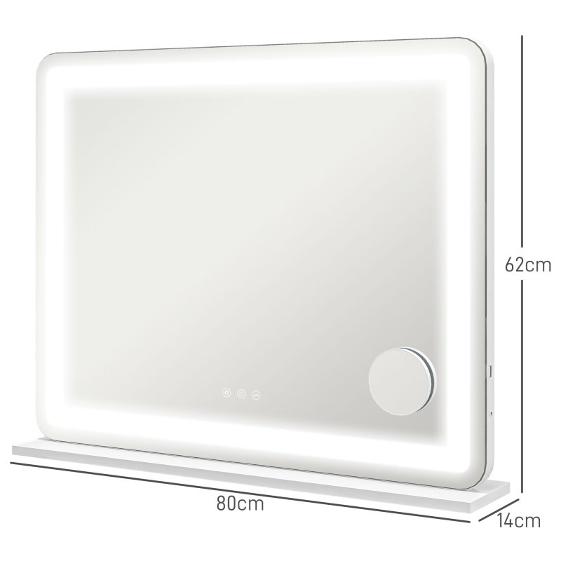 HOMCOM Vanity Mirror with Lights, Large Lighted Makeup Mirror with 3 Colour Lighting Modes, 10X Magnifying, USB Charging Port, Touch Screen, Tabletop or Wall Mounted Design for Bedroom, White