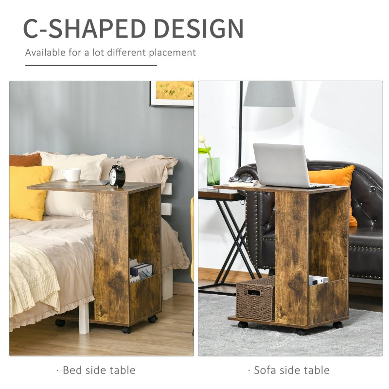 HOMCOM Mobile Sofa Side Table C-Shape End Table with Storage and Casters for Laptop Coffee Snack