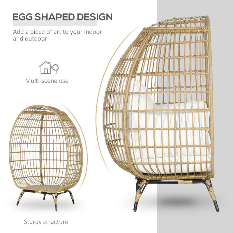 Outsunny Oversized Garden Egg Chair, Outdoor Wicker PE Rattan Chair with Thickened Padded Cushions and Pillows for Balcony, Porch, Khaki