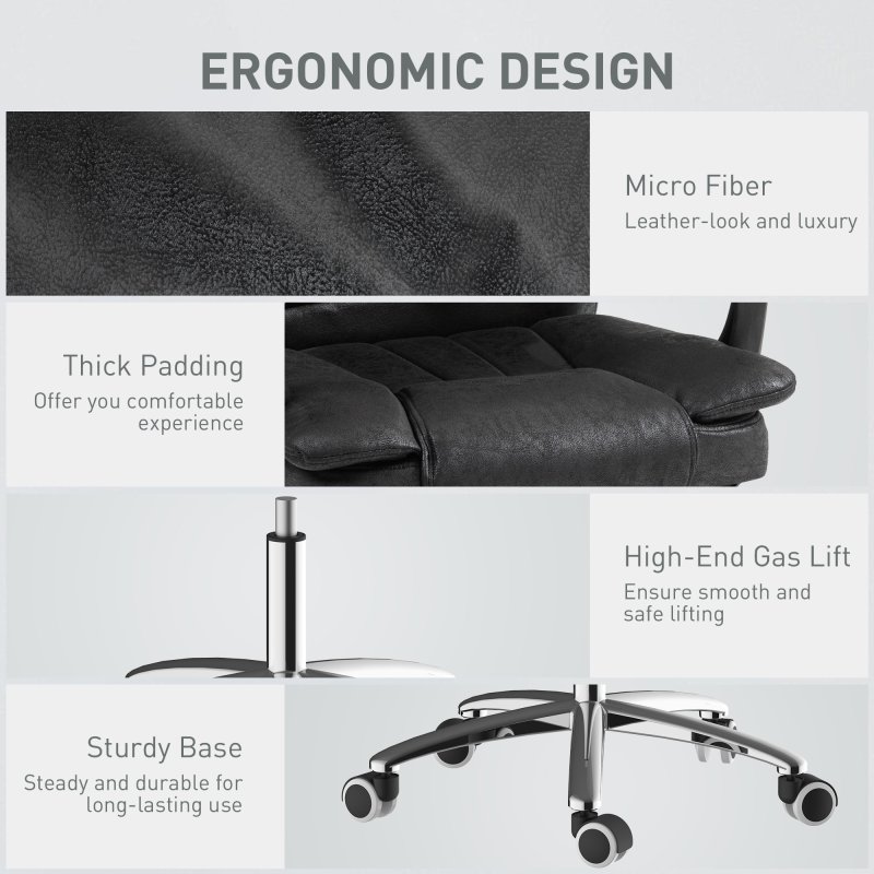 Vinsetto Office Chair, Microfibre Reclining Computer Desk Chair with Footrest and Adjustable Height, Swivel Wheels for Home Office, Black