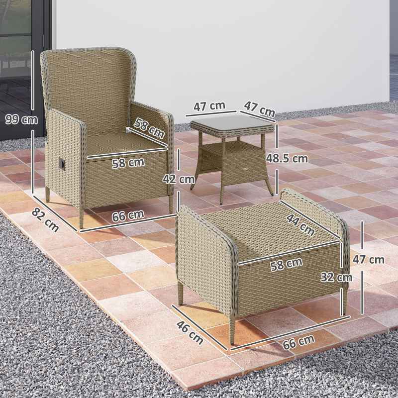 Outsunny 5 Piece Rattan Garden Furniture Set with Recliner Chairs, Wicker Patio Conversation Set with Footstools, 2-Tier Glass Top Coffee Table, Cushions for Outdoor, Balcony, Porch, Light Grey