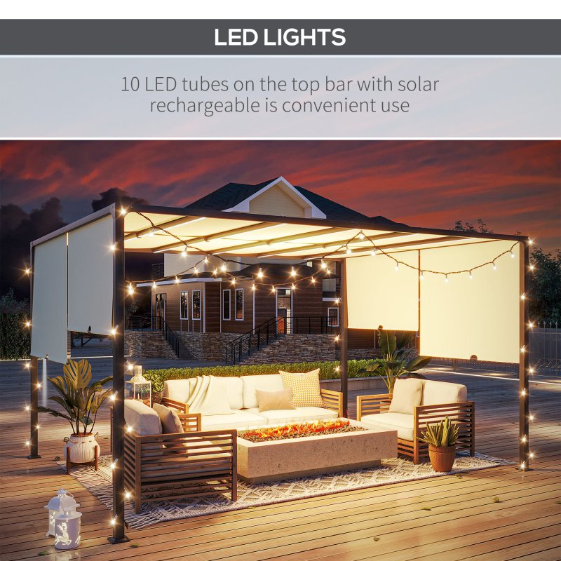 Outsunny 3 x 4m Metal Pergola with LED Lights, Outdoor Garden Pergola with Sliding Roof, Solar Powered, for BBQ, Cream White