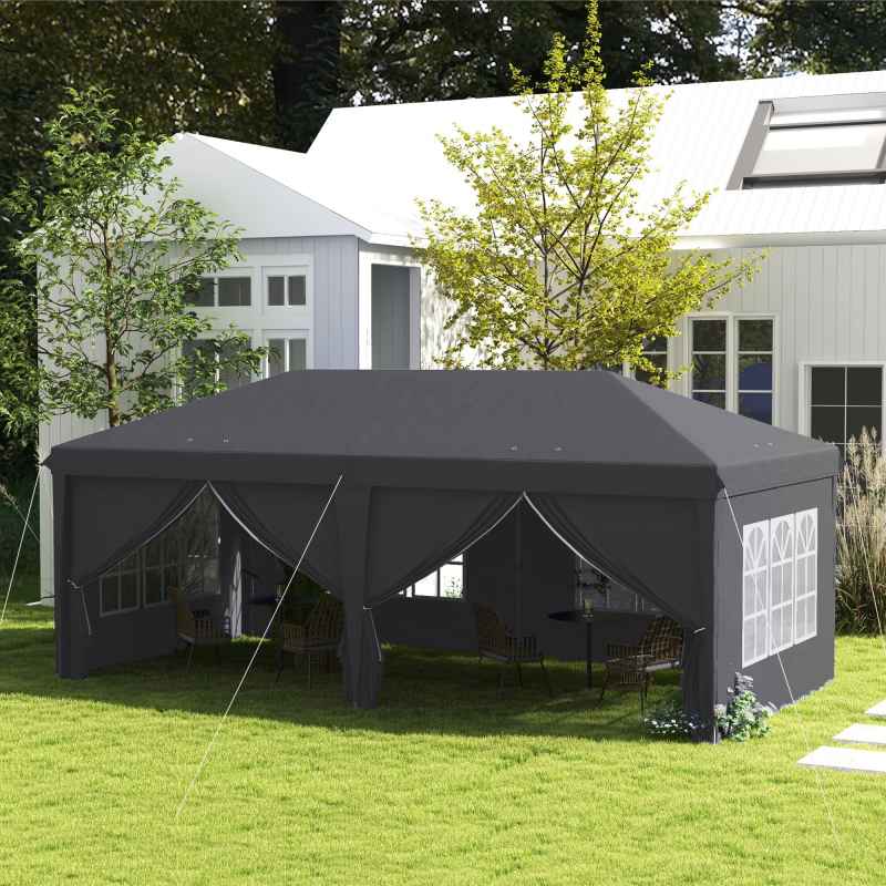 Outsunny 3 x 6 m Pop Up Gazebo with Sides and Windows, Height Adjustable Wedding Camping Party Tent Canopy Marquee with Storage Bag for Garden, Event, Grey