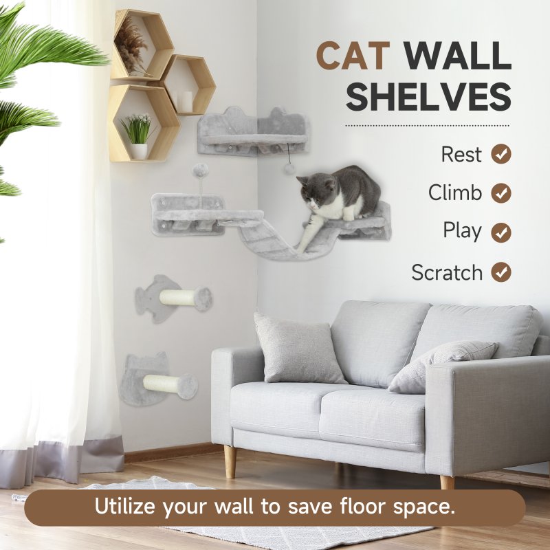 PawHut Cat Wall Shelves, 4 Piece Wall-Mounted Cat Tree with Steps, Ladder, Jumping Platforms, Scratching Posts, Toy Ball, Cat Wall Furniture for Indoor Cats, Light Grey