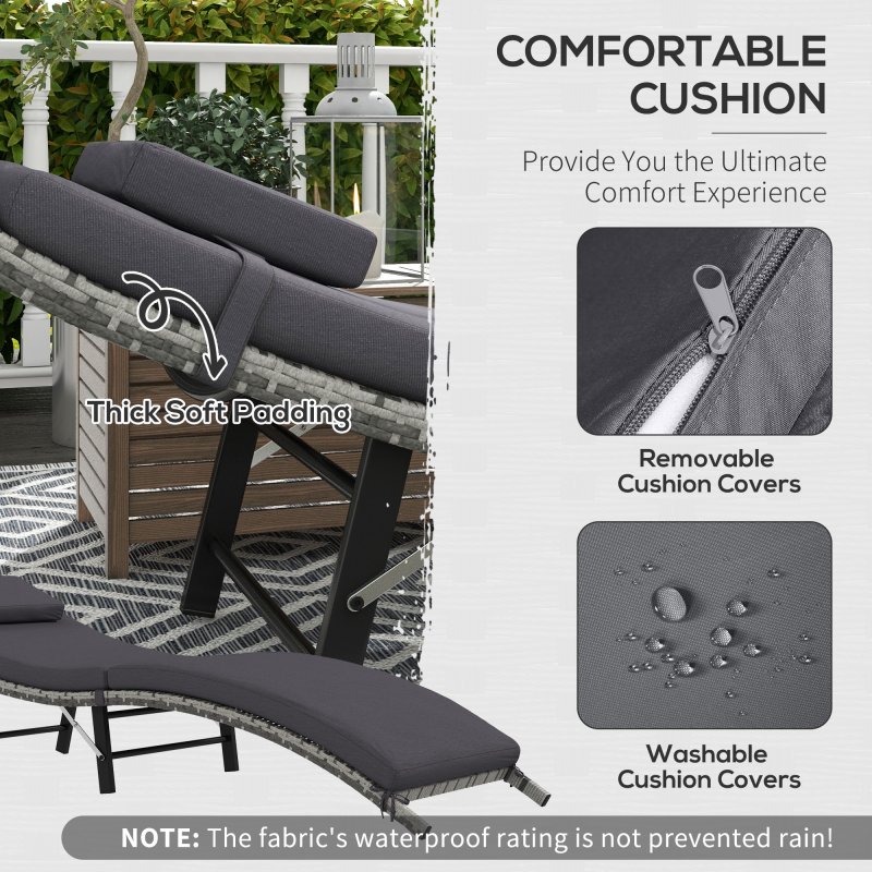Outsunny Folding Rattan Sun Lounger, Wicker Garden Lounger with Cushion and Pillow, Outdoor Sunbed with Steel Frame for Patio, Beach, Terrace, Grey