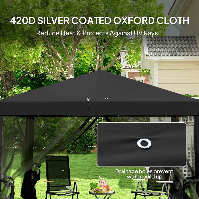 Outsunny 3 x 3 m Pop Up Gazebo, 420D Garden Tent Canopy with Removable Mesh Sidewall Netting, Carry Bag for Garden Patio Outdoor, Black