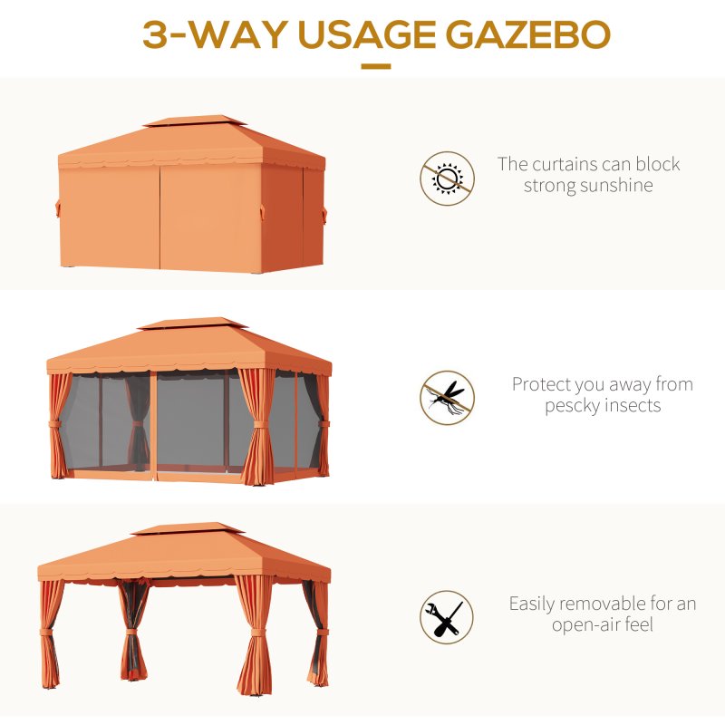 Outsunny 4 x 3 m Aluminum Garden Gazebo, Double Roof Outdoor Gazebo Canopy Shelter with Netting & Curtains for Garden, Lawn, Backyard and Deck, Orange