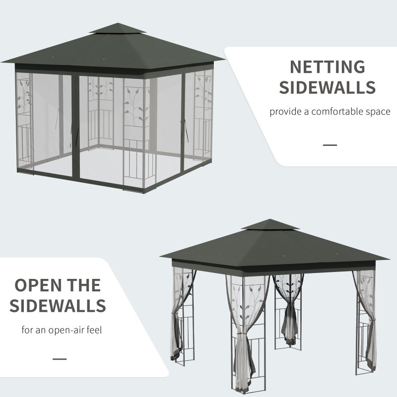 Outsunny 3(m) x 3(m) Garden Gazebo, Double Roof Outdoor Gazebo Canopy Shelter with Netting, Solid Steel Frame, for Garden, Lawn and Deck, Grey