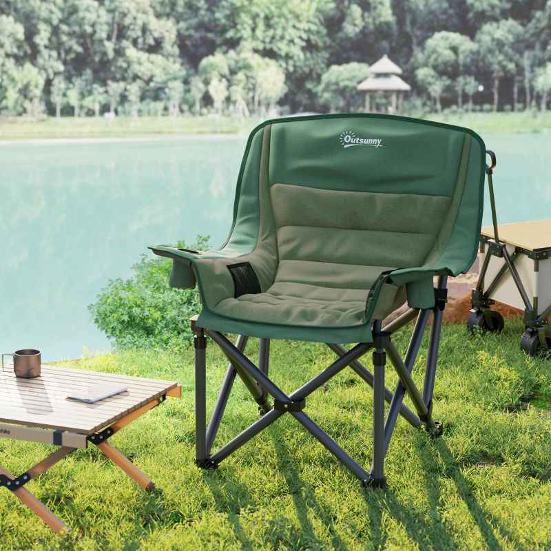 Outsunny Folding Camping Chair for Adults, Portable Padded Folding Chair with Cup Holders, Side Pockets and Carry bag for Picnic, Hiking, Fishing, Olive Green