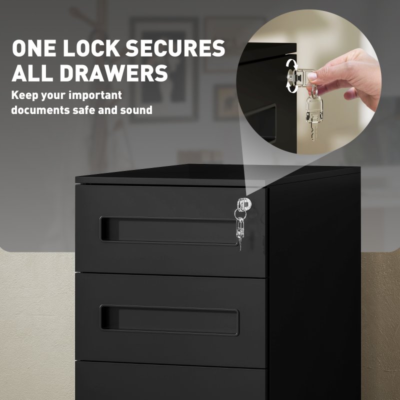 Vinsetto Metal Mobile File Cabinet with Wheels, Lockable 3 Drawer Filing Cabinet for A4, Legal, Letter, Compact Under Desk Storage Unit with Pre-Assembled Body for Home Office, 30 x 43.5 x 60cm, Black