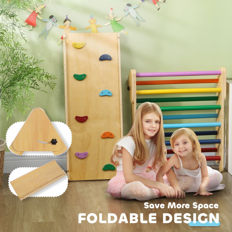 AIYAPLAY Toddler Climbing Frame, 3 in 1 Pikler Triangle Set with Ramp, Wooden Climbing Frame Indoor Baby Gym, for 18-48 Months, Multicoloured