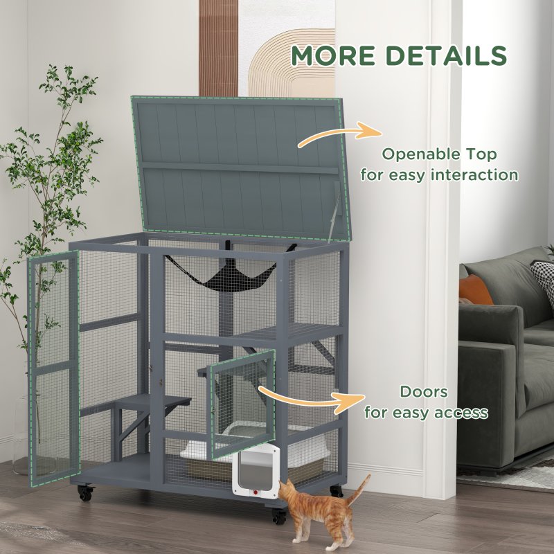 PawHut Cat Cage House, Catio Cat Indoor Enclosure on Wheels, Weather-Resistant Wooden Kitty Cage with Platforms, Hammock, Light Grey
