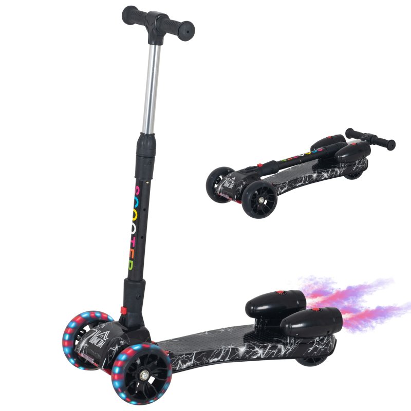 HOMCOM Kids Scooter, 3 Wheel Foldable Kick Scooter Adjustable Height w/ Flashing Wheels, Music, Water Spray for 3-6 Years, Black