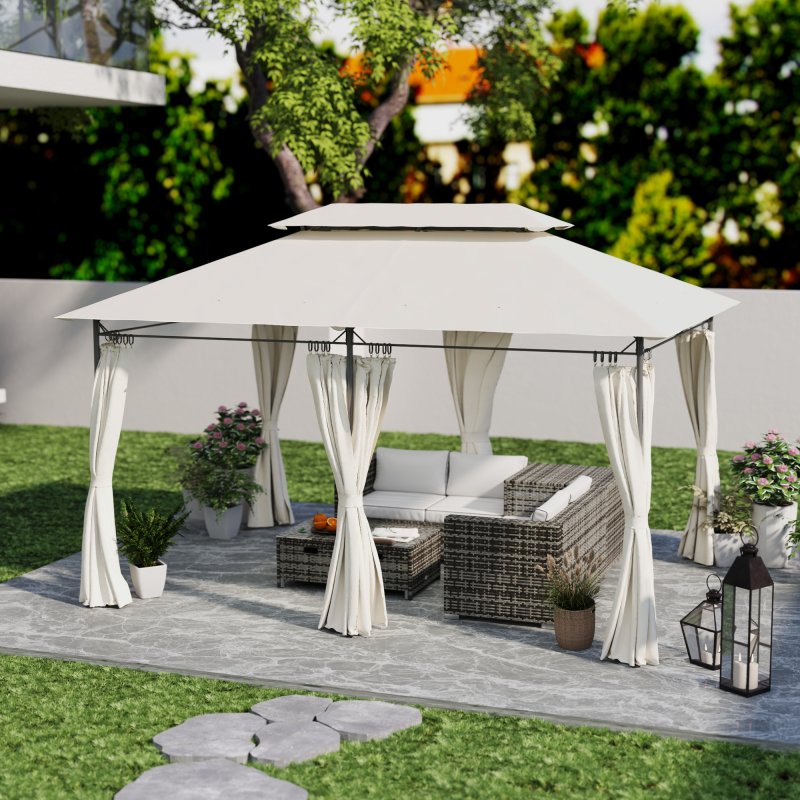 Outsunny 3 x 4m Garden Gazebo with Sides, Double Roof Metal Gazebo, Outdoor Gazebo Canopy Shelter for Patio, Deck, Cream White