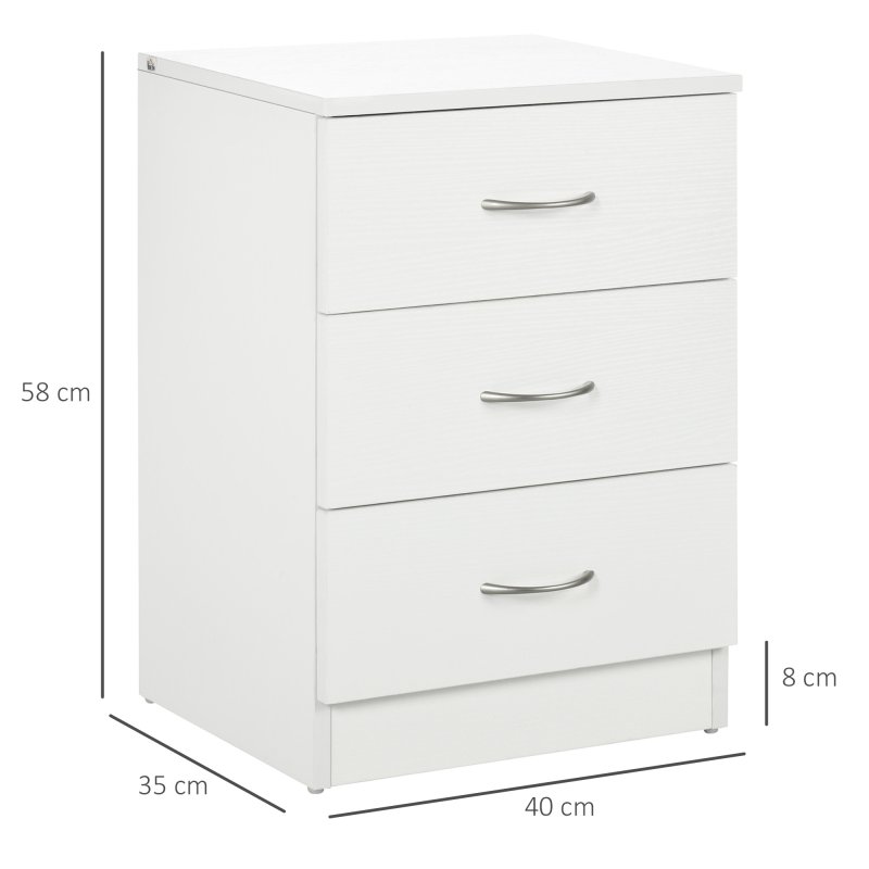 HOMCOM Bedside Table with 3 Drawers, Modern Wood Nightstand, Side Table with Anti-tipping Design for Bedroom, White
