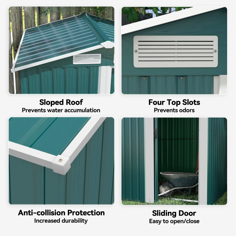 Outsunny 5ft x 4ft Garden Shed, Metal Tool Storage Shed with Sliding Door, Sloped Roof and Foundation Kit for Garden, Patio, Green