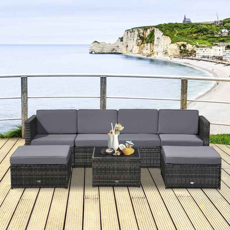 Outsunny 7Pc Rattan Garden Furniture Wicker Sofa & Coffee Table Set Patio Furniture Outdoor with Cushions Grey