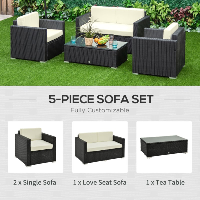 Outsunny 4 Pieces Outdoor PE Rattan Sofa Set with Cushions, Patio Wicker Conversation Furniture Set with Glass Top Coffee Table, Black