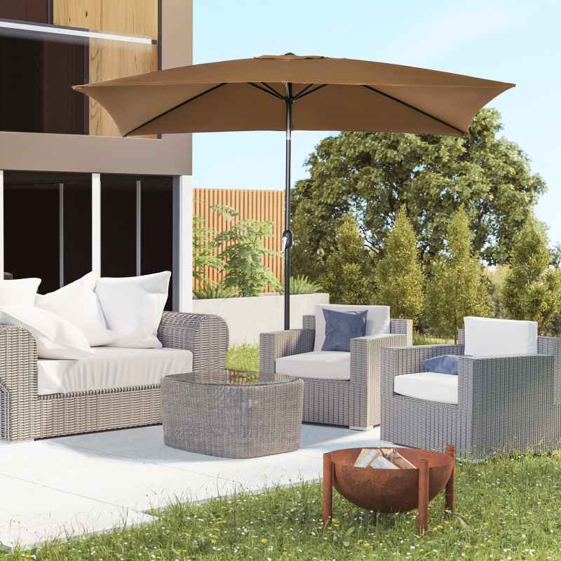 Outsunny 3x2m Garden Parasol Umbrella with Tilt and Crank, Outdoor Sun Shade Canopy with Aluminium Frame and Steel Ribs, Rectangular, Brown