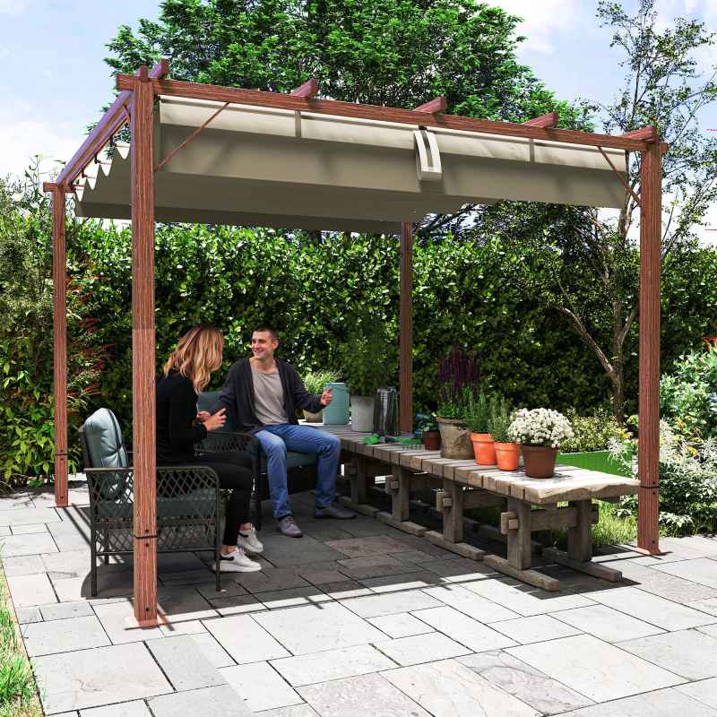 Outsunny 3 x 3(m) Garden Pergola with Retractable Roof Canopy and Wood Grain Aluminium Frame, Outdoor Gazebo Pergola Kit, UPF30+ Sun Shade Shelter for Deck, Porch, Natural Wood Finish