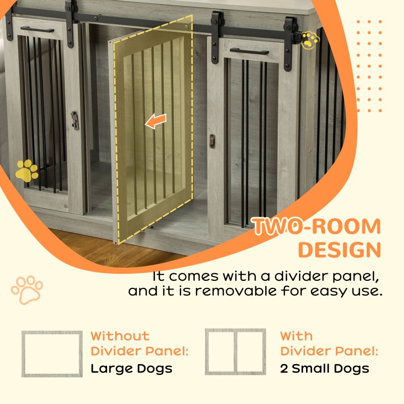 PawHut Dog Crate Furniture for Large Dog, Double Dog Cage for Small Dogs with Divider, Sliding Doors - Grey