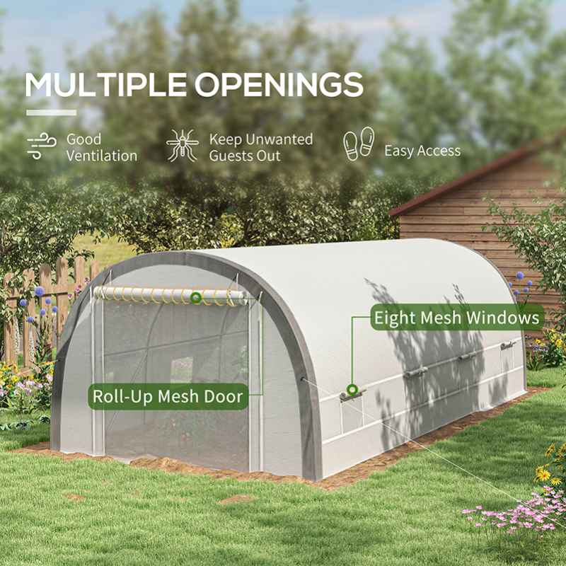 Outsunny 6 x 3(m) Walk-in Polytunnel Greenhouse with Upgraded Structure, Zipped Roll Up Mesh Door, 8 Mesh Windows, Tunnel Warm House Tent with PE Cover, 15 Plant Labels and Gloves, White