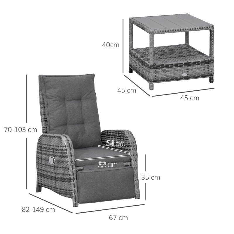 Outsunny 3 Pieces Rattan Bistro Set, Wicker Balcony Furniture Set with Reclining Sun Loungers, 2-Tier Coffee Table and Cushions, 2 Seater Garden Furniture for Outdoor Patio Balcony, Mixed Grey