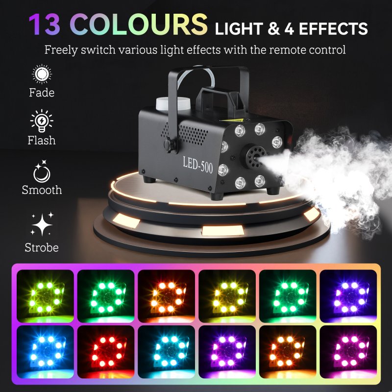 HOMCOM Smoke Machine with 3 RGB LED Lights, 13 Colours, 4 Effects, 450W 2000 CFM Fog Machine with Wired and Wireless Remote Control, for Halloween, Xmas, Wedding, Disco, Stage