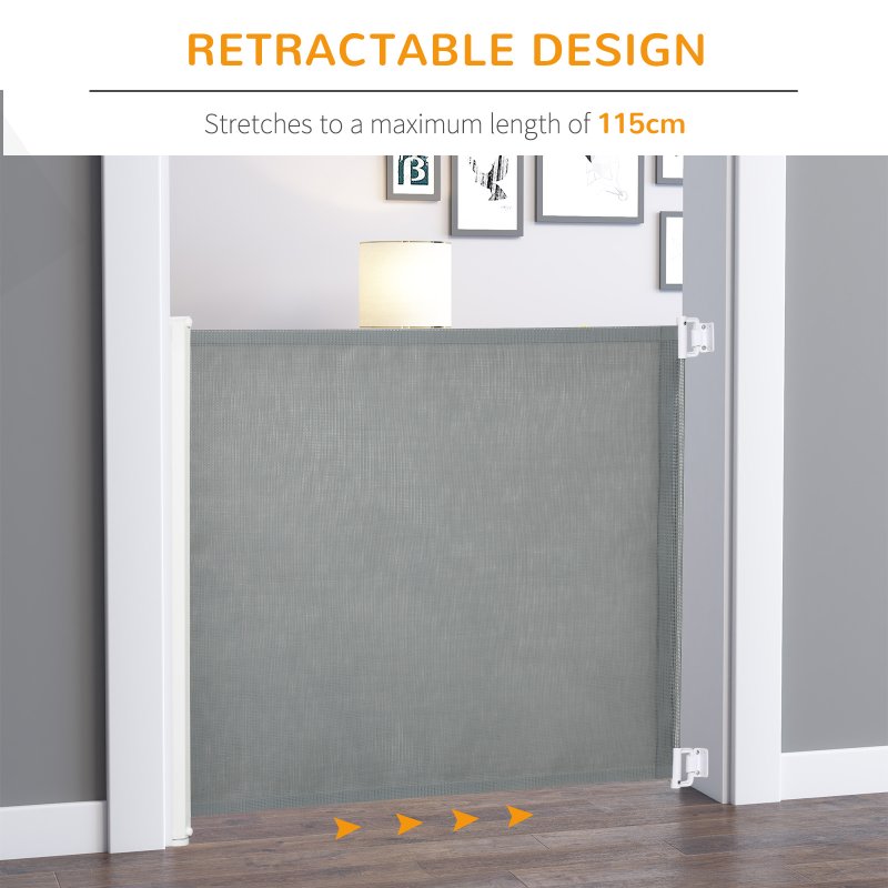 PawHut Retractable Stair Gate for Dogs, Pet Mesh Safety Gate Extends up to 115cm for Doorways Indoor- Grey