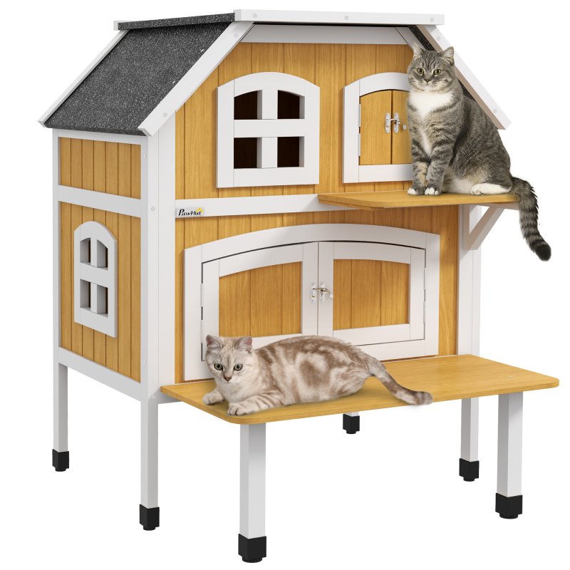 PawHut Wooden Outdoor Cat House, 2 Tiers Cat Shelter with Openable Asphalt Roof, Removable Panel, Escape Doors, Jumping Platform, Terrace, for 1-2 Cats - Yellow