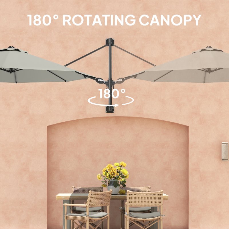 Outsunny 3 M Wall Mounted Garden Parasol Umbrella with Rotate, Outdoor Market Umbrella Sun Shade Canopy with 8 Ribs, Light Grey
