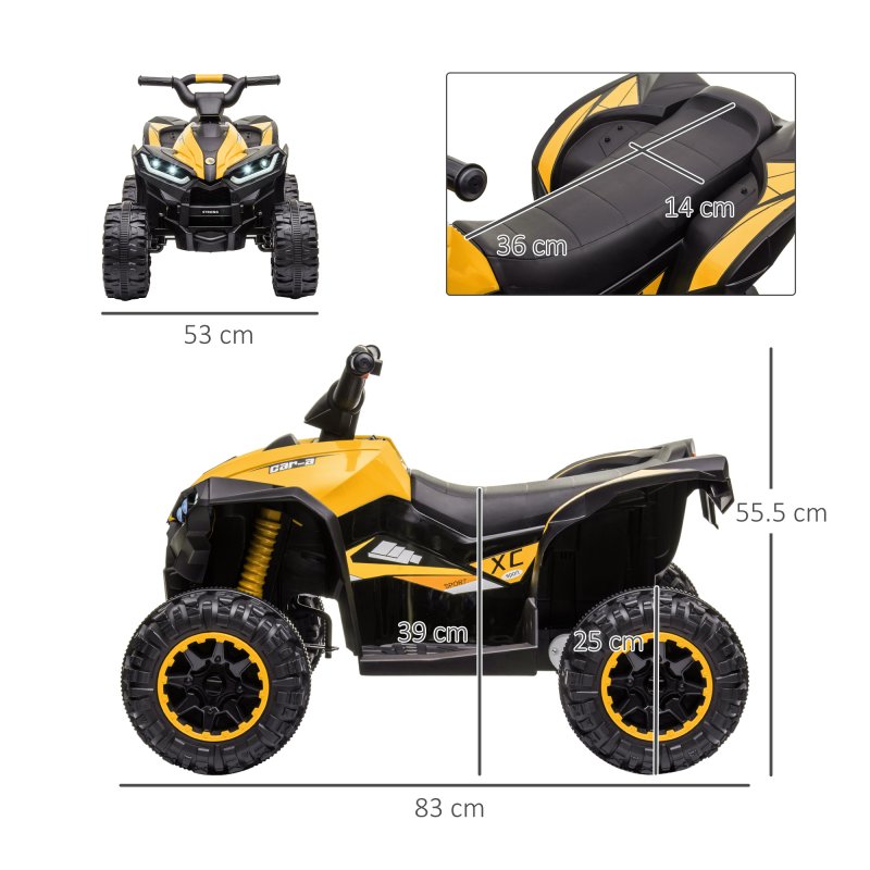 HOMCOM 12V Electric Quad Bike for Kids Ride On Car All Terrain Vehicle Toy, with Forward Reverse Functions, LED Headlights, Music, for Ages 3-5 Years - Yellow