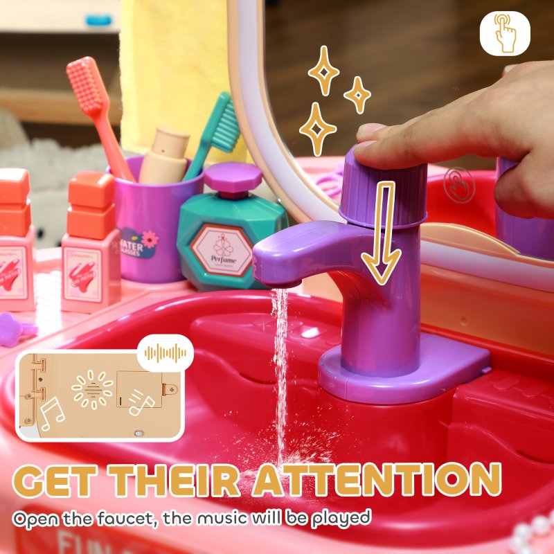 AIYAPLAY Kids Dressing Table, Kids Vanity Table with Mirror LED Light, Music, 23 Accessories, for 3-6 Years - Pink