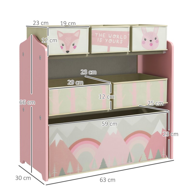 ZONEKIZ Kids Storage Unit, Childrens Toy Storage Organiser, with 6 Fabric Bins, for Bedroom, Nursery, 63 x 30 x 66cm, Pink