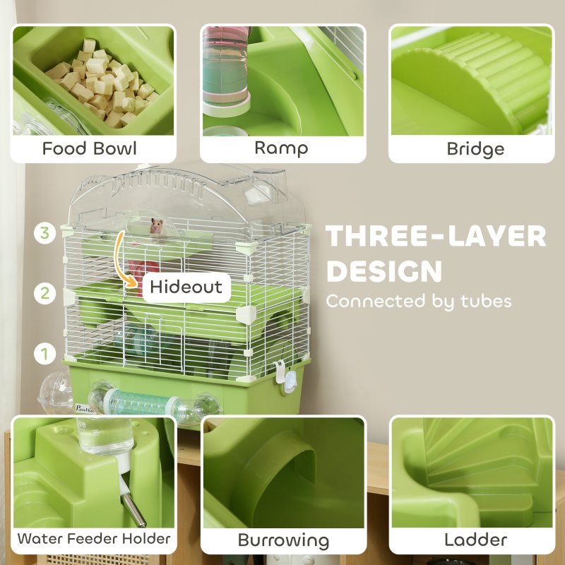 PawHut 3-Tier Hamster Cage, Hamster Habitat with Transparent Top, Sand Bathroom, Exercise Wheel, Hideout Room, Tubes, Small Animal Cage for Dwarf Hamster, 45 x 28 x 60 cm, Green