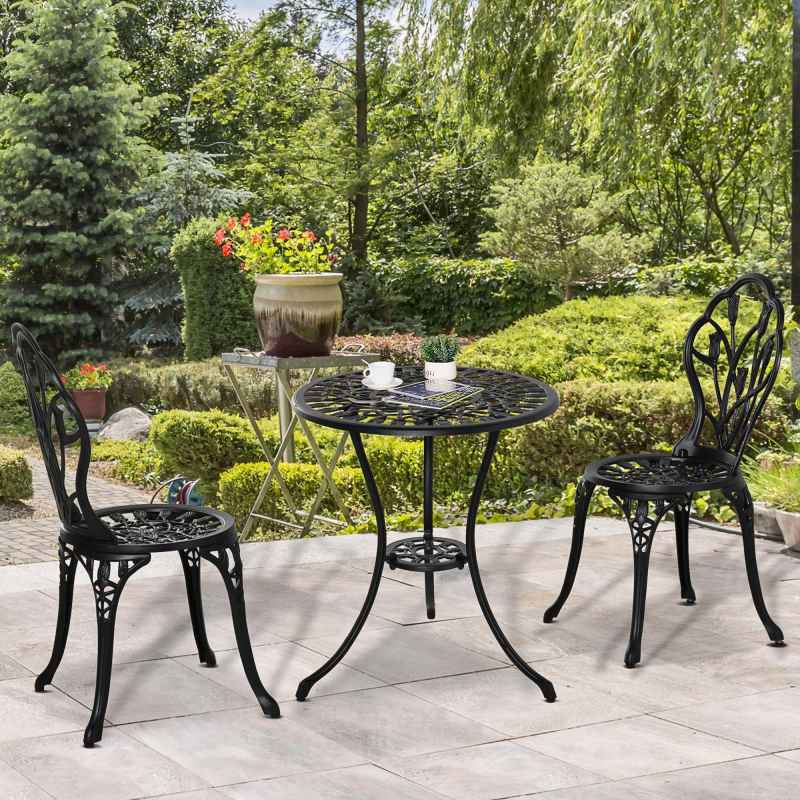 Outsunny 3 Piece Patio Bistro Set, Outdoor Aluminium Garden Table and Chairs with Umbrella Hole for Balcony, Black