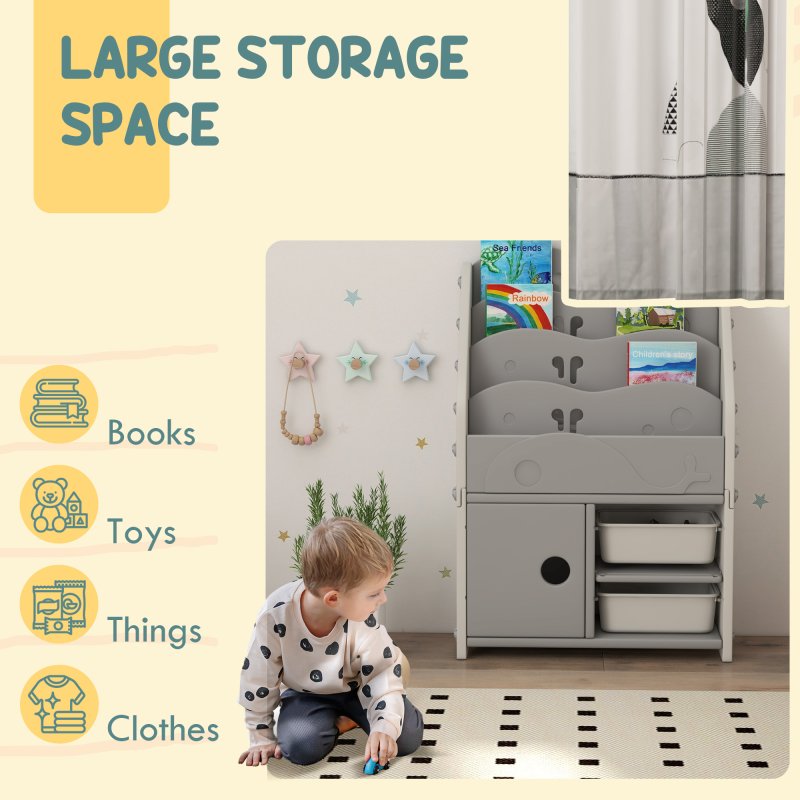 AIYAPLAY Kids Storage Units, Toy Organiser with 2 Storage Boxes, 4 Tier Bookshelf, Cabinet, for Playroom, Bedroom, Kid Room, Living Room, 67 x 29 x 98cm, Light Grey