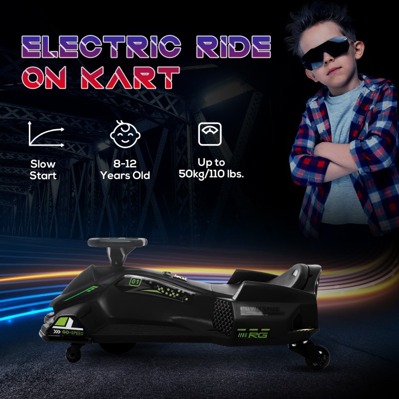 HOMCOM 12V Electric Go Kart for Kids, Battery Powered Ride on Drift Car with Music, Colourful LED Lights, Slow-Start, for Ages 8-12 Years, Black