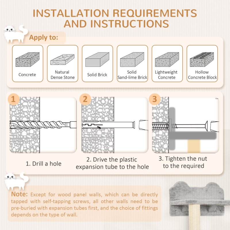 PawHut 5Pcs Cat Wall Furniture with Perch, Cat House, Scratching Post, Wall-Mounted Cat Tree for Indoor Cats - Grey