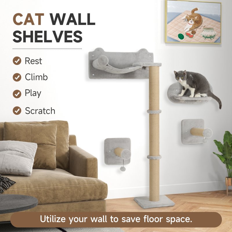 PawHut Cat Shelves, 4 Piece Cat Wall Furniture with Scratching Post, Steps, Jumping Platform, Ladder, Toy Balls, for Indoor Kittens, Light Grey
